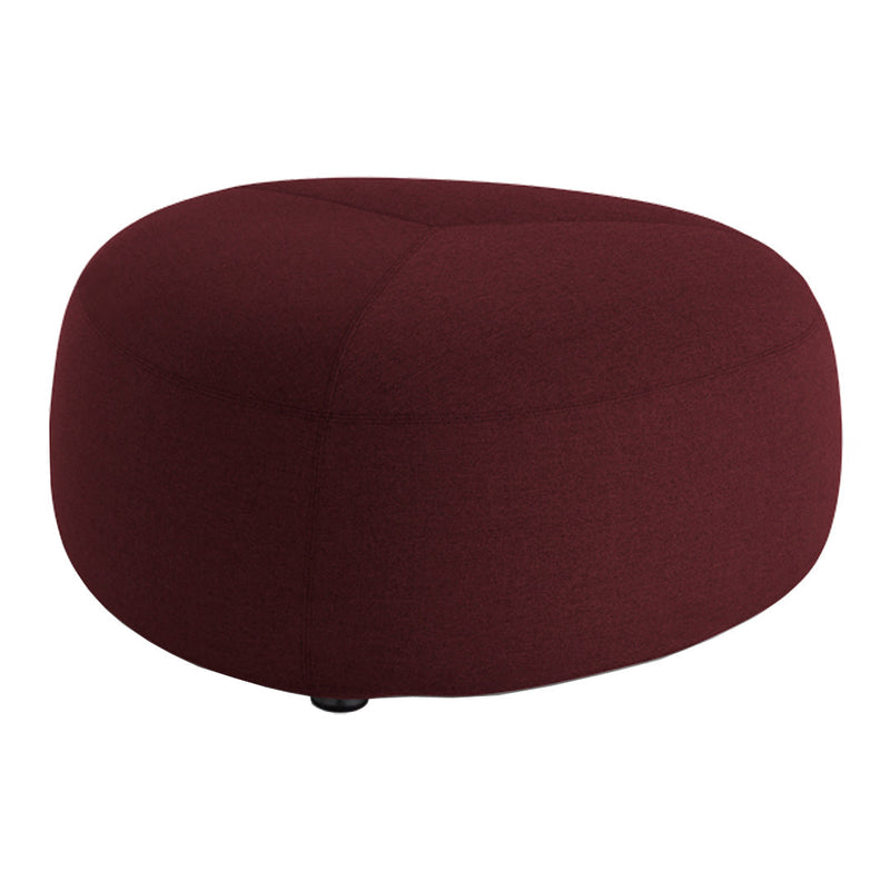 Burgundy round pouf with a smooth, solid texture, perfect for adding a pop of color to any space.
