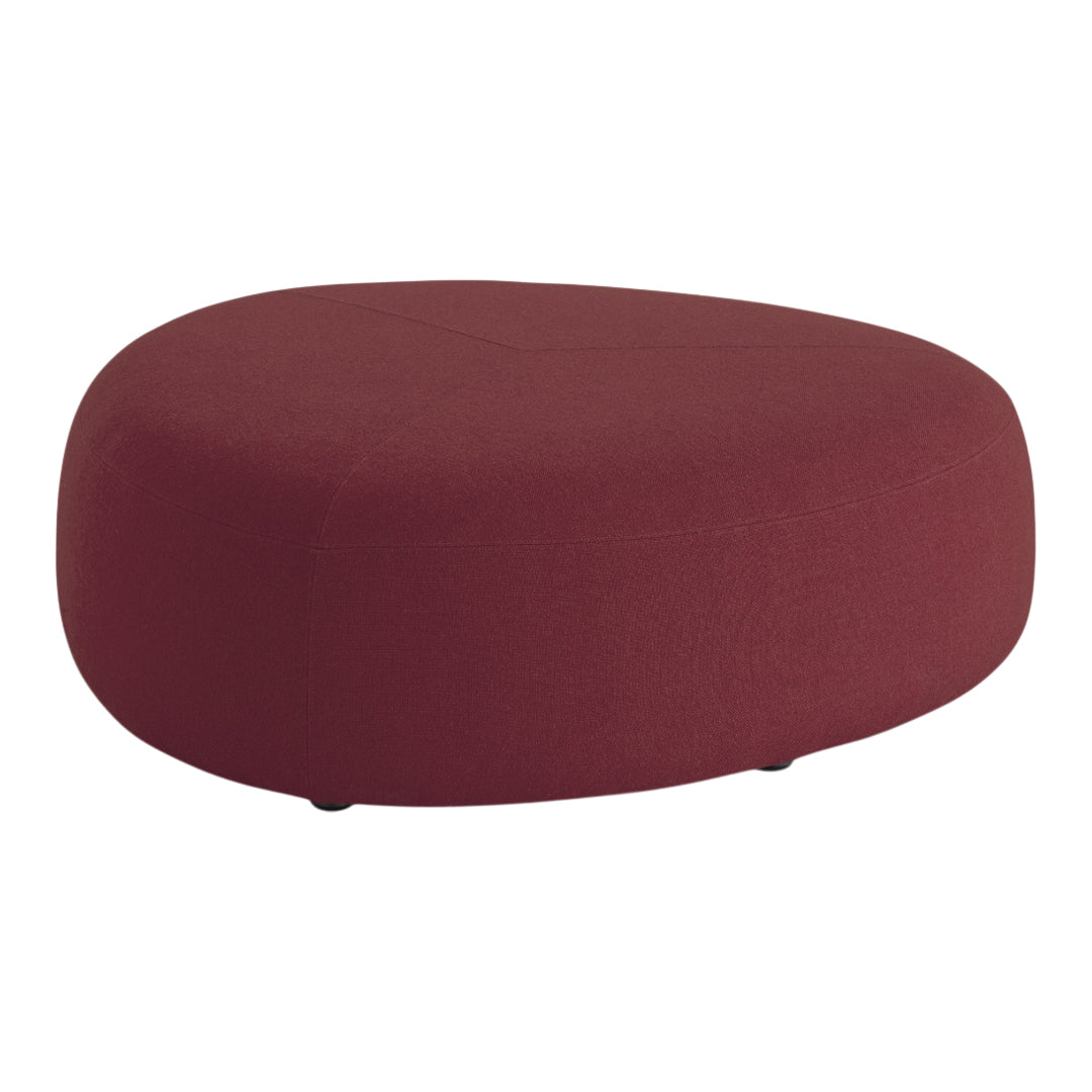Round maroon ottoman with a smooth, solid fabric surface and no visible patterns. Ideal for modern decor.