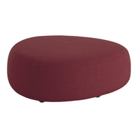 Round maroon ottoman with a smooth, solid fabric surface and no visible patterns. Ideal for modern decor.