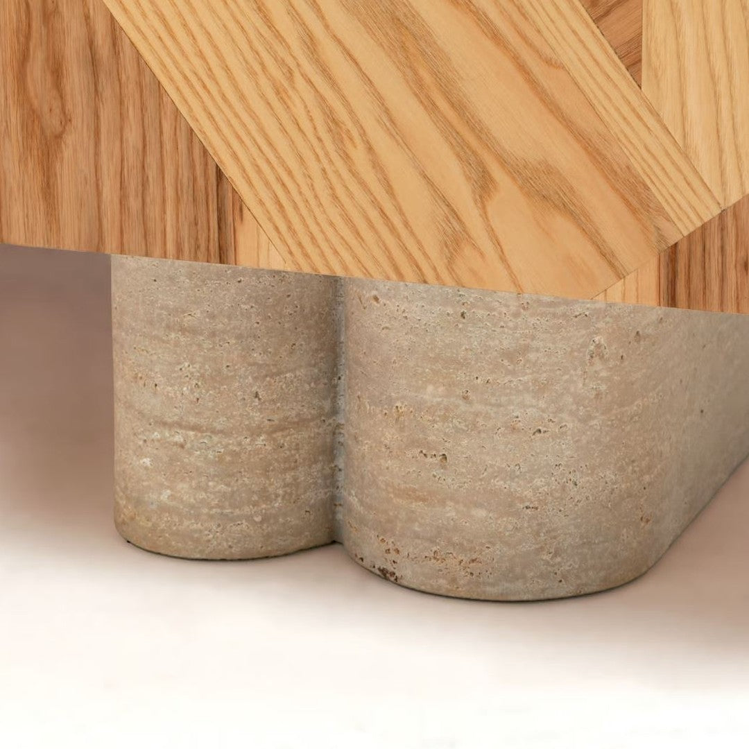Natural wood grain with light oak tones and contrasting textured concrete legs in a modern design.