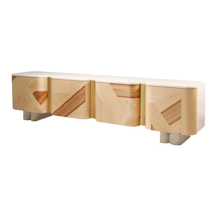 Natural wood console with geometric patterns in light beige and blonde tones. Perfect for modern decor.