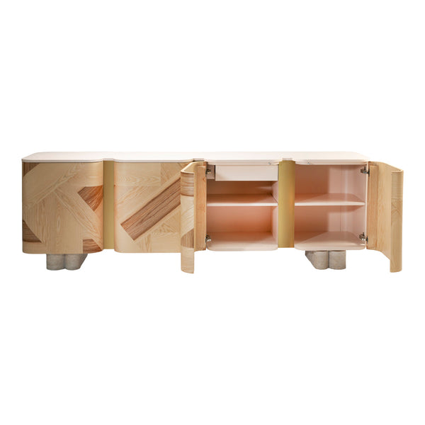 Light wood sideboard with geometric patterns and soft pastel accents, featuring open shelves and smooth doors.