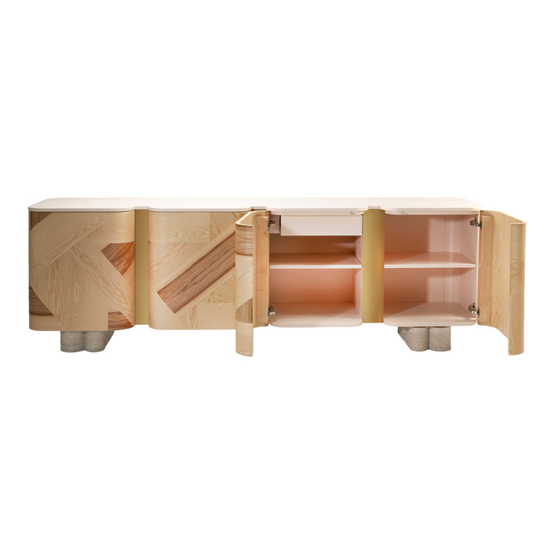 Light wood sideboard with geometric patterns and soft pastel accents, featuring open shelves and smooth doors.