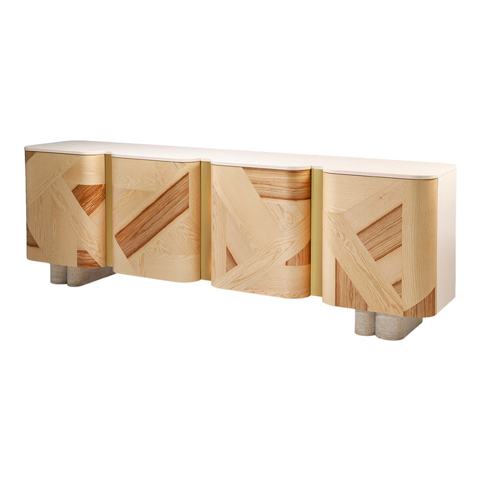 Light beige sideboard with unique geometric wood-pattern detailing in varying shades of light brown. Modern, minimalist design.