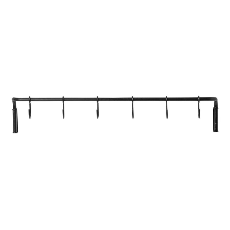 Black metal wall hook rack with a sleek, minimalist design and evenly spaced hooks. Perfect for organizing accessories.