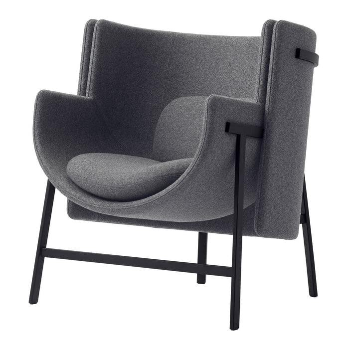 Stylish gray upholstered armchair with smooth contours and a minimalist black metal frame. Perfect for modern decor.