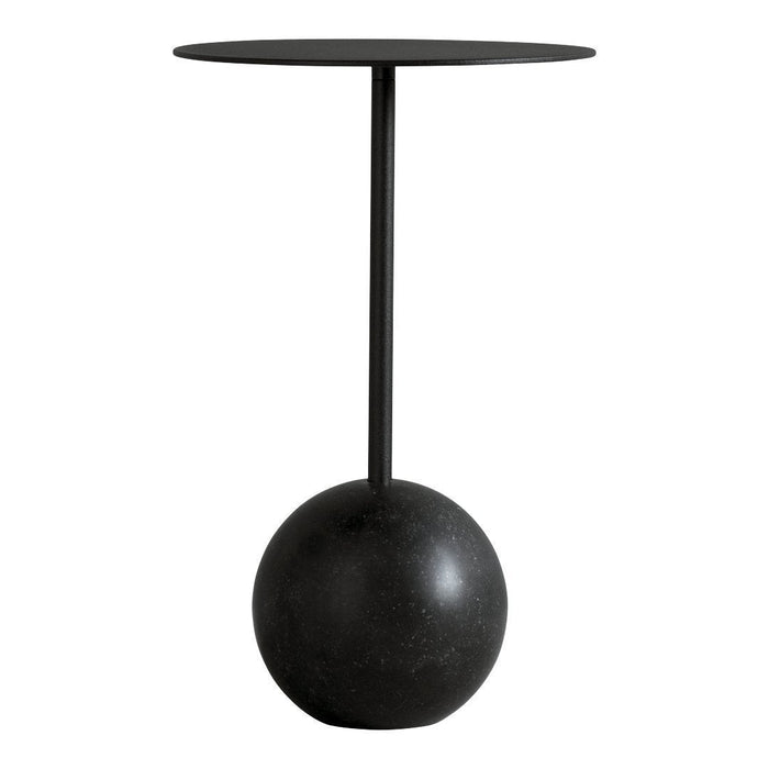 Black minimalist side table with a round top and a spherical base, showcasing a sleek, modern design.