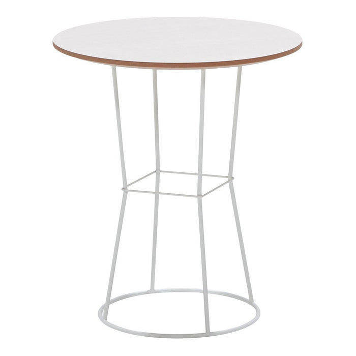 Round table with a white top and wooden rim, outlined by a sleek white metal base.