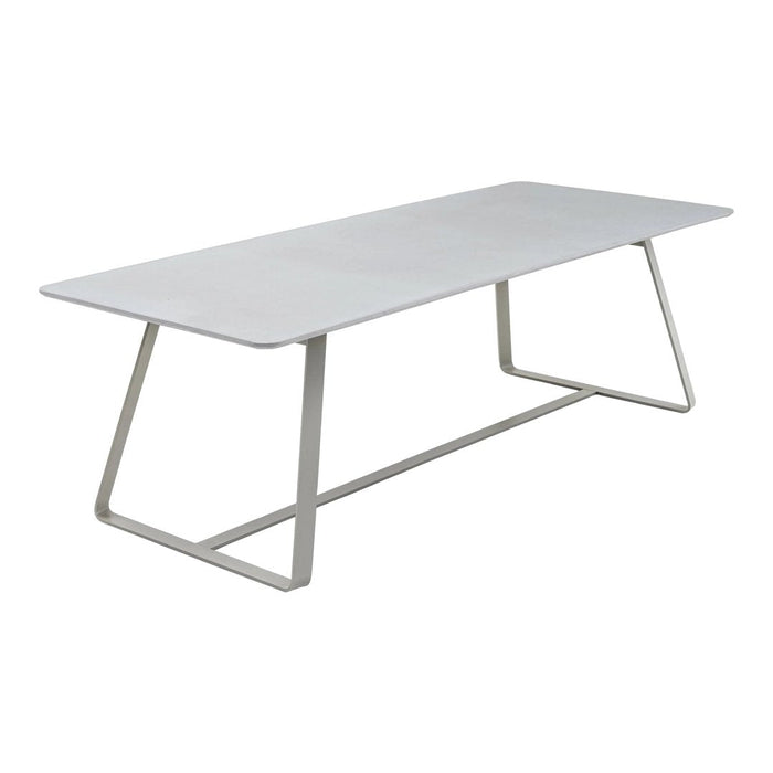 Modern rectangular dining table in sleek white finish with minimalist silver metal base. Ideal for contemporary decor.