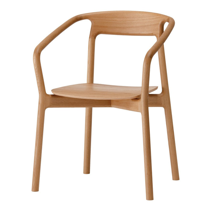 Light natural wood chair with a smooth finish and minimalist design, featuring soft curves and sleek lines.