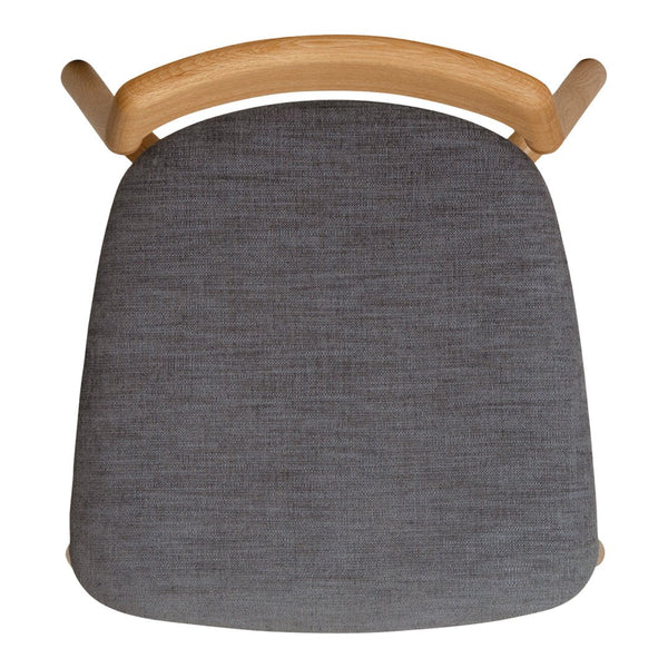 Gray textured fabric seat with a natural wood armrest, offering a modern and minimalist aesthetic.