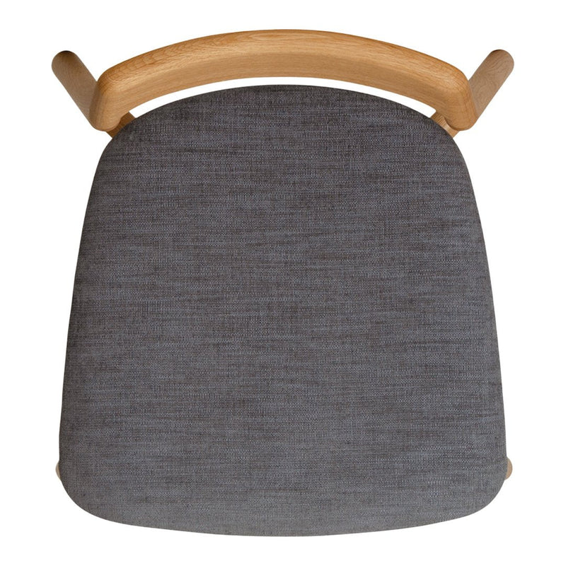 Gray textured fabric seat with a natural wood armrest, offering a modern and minimalist aesthetic.