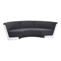 Modern curved sofa in dark gray upholstery with sleek white accents and smooth lines for a stylish look.