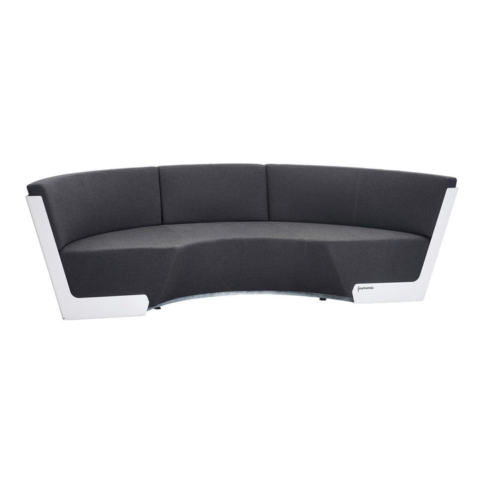 Modern curved sofa in dark gray upholstery with sleek white accents and smooth lines for a stylish look.