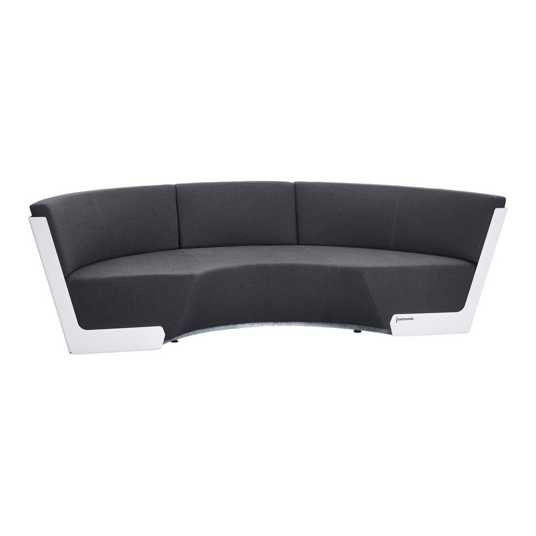Curved dark gray sofa with sleek white accents, perfect for modern decor. Smooth fabric with clean lines and shapes.