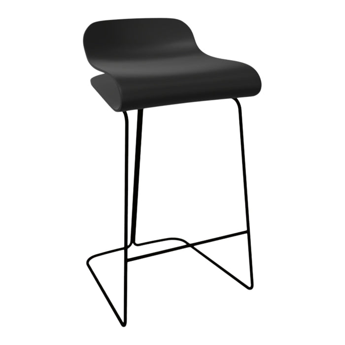 Black modern bar stool with a sleek curved seat and minimalist black metal frame. Ideal for contemporary spaces.