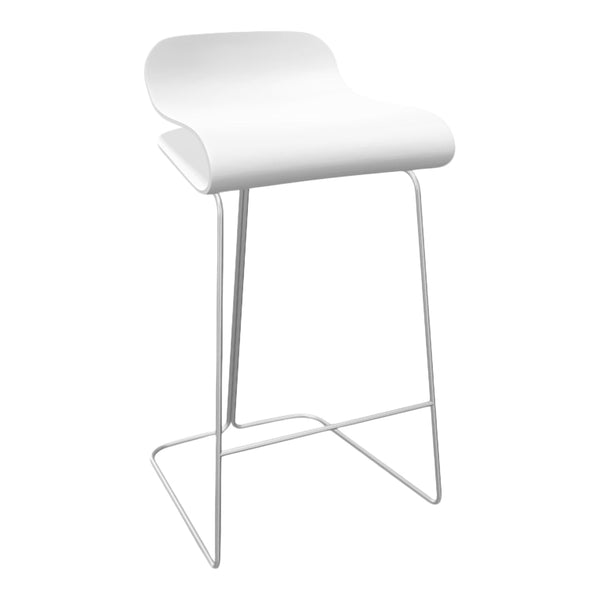 White modern bar stool with a sleek curved seat and minimalist metal legs, perfect for contemporary decor.
