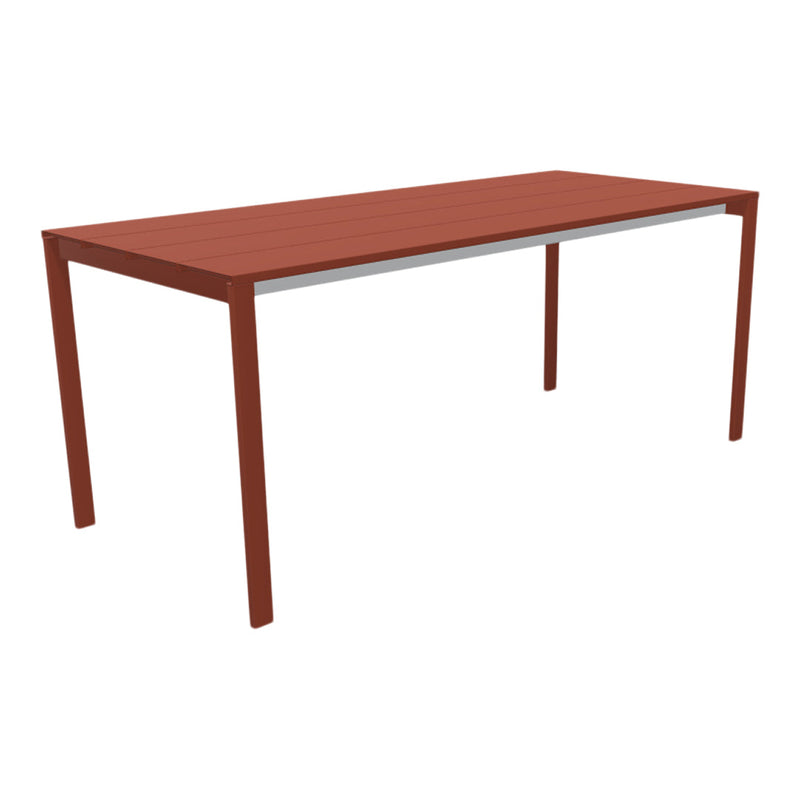 Rustic red dining table with a smooth, slatted top and sturdy silver metal legs, perfect for outdoor decor.