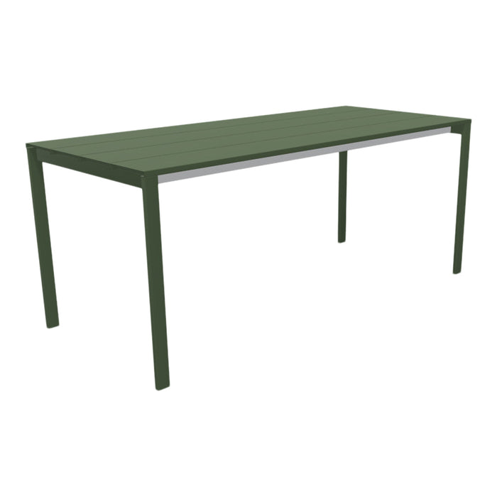 Green outdoor dining table with a sleek, modern design and horizontal slat pattern. Perfect for stylish patios.