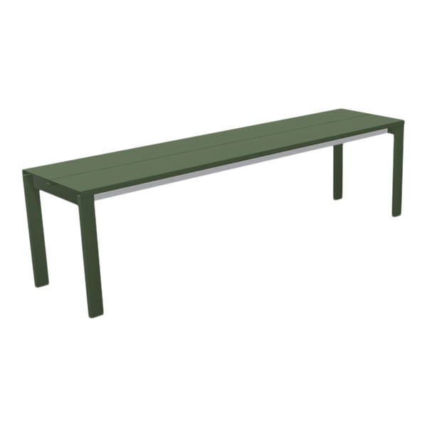 "Long outdoor bench in deep green with a minimalist design and smooth, straight lines."