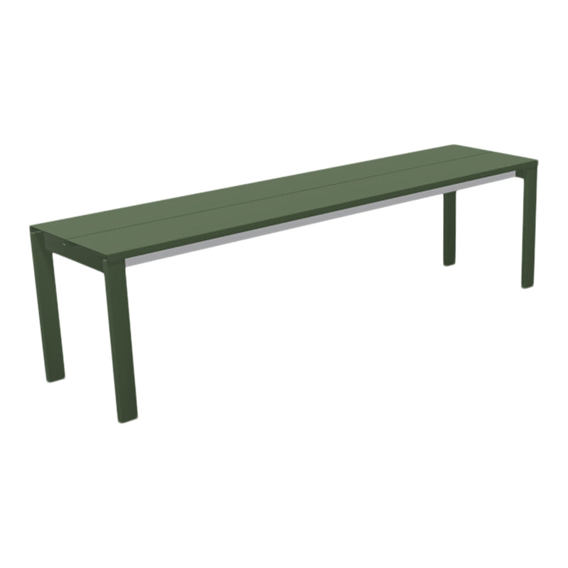 "Long outdoor bench in deep green with a minimalist design and smooth, straight lines."