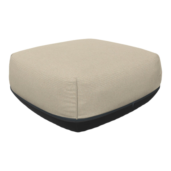 Beige striped outdoor cushion with a sleek black base for a modern touch. Ideal for patios and lounge areas.