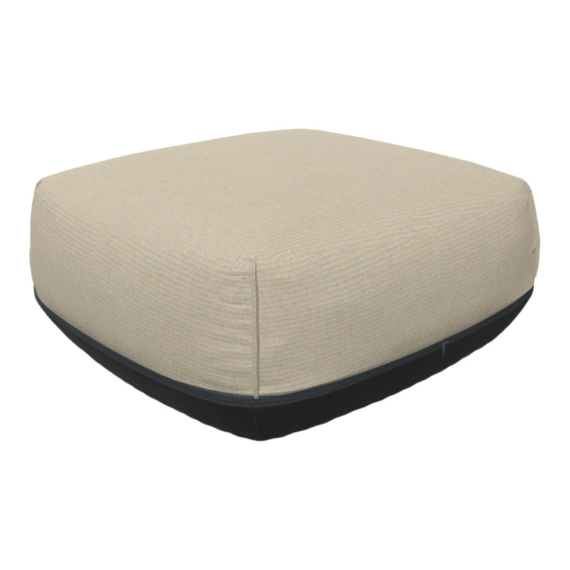 Beige striped outdoor cushion with a sleek black base for a modern touch. Ideal for patios and lounge areas.