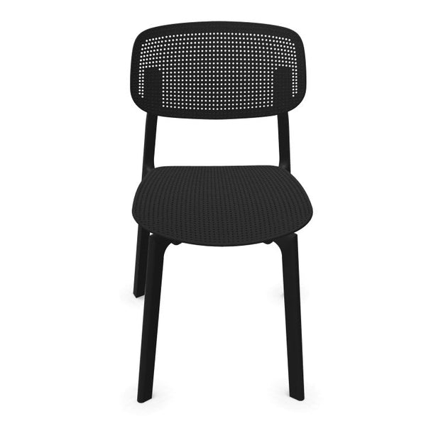 Black perforated dining chair with a sleek, modern design and a minimalist pattern, perfect for contemporary spaces.