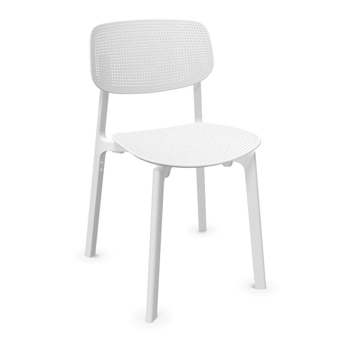 White chair with a textured, perforated pattern, ideal for modern decor and minimalist aesthetics.
