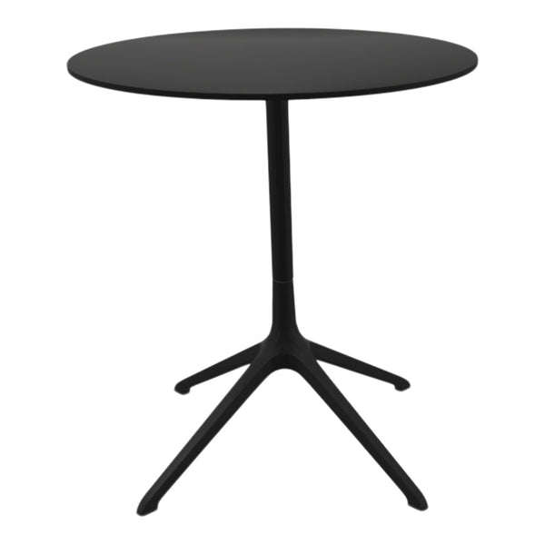 Sleek black round table with a smooth surface and minimalist tripod base, ideal for modern decor.
