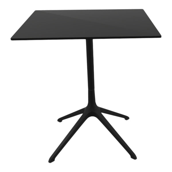 Black square table with a sleek design and smooth finish, featuring a modern matte texture.