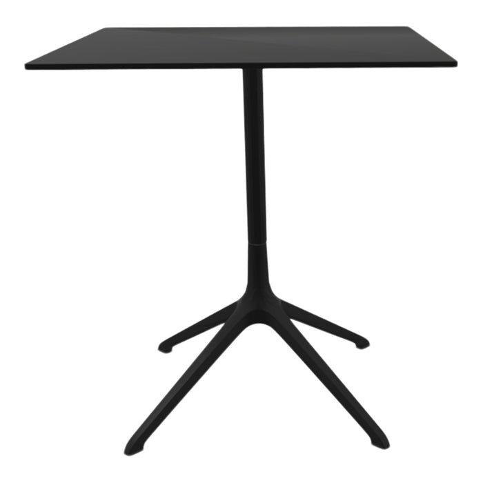 Black square table with a sleek design and minimalist style, featuring a solid black base and uniform finish.