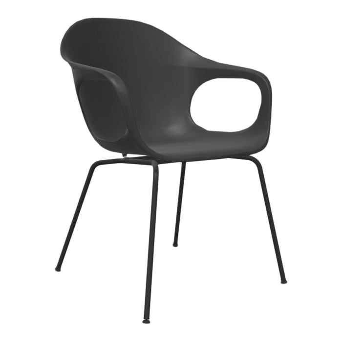 Sleek black plastic armchair with minimalist design and smooth, curved edges. Perfect for modern decor.