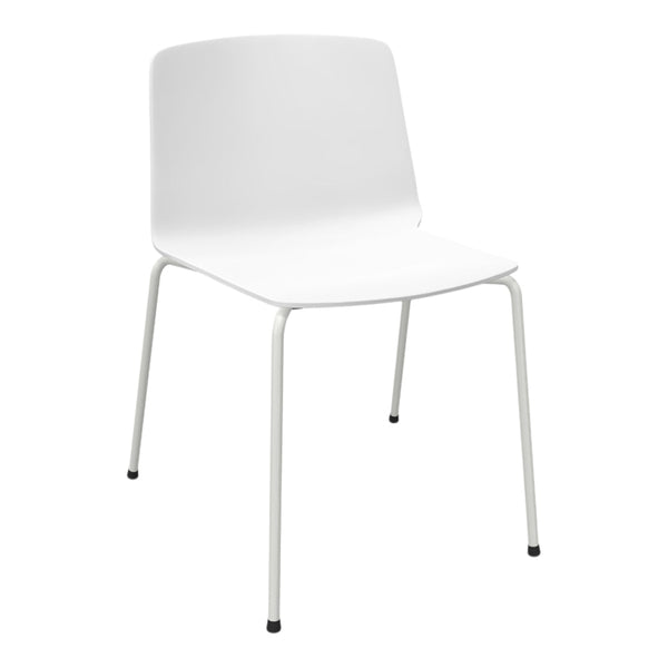 Minimalist white chair with a sleek design and smooth matte finish, complemented by white metal legs.
