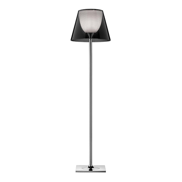 Sleek black and gray floor lamp with a minimalist chrome base and a modern shade design.