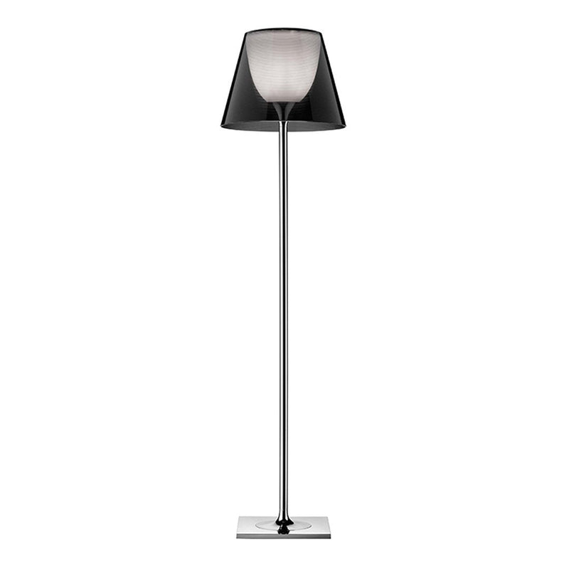 Sleek black and gray floor lamp with a minimalist chrome base and a modern shade design.