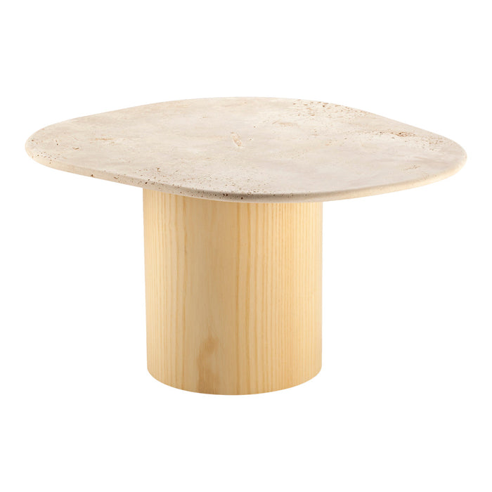 Natural wood table with a smooth, light-colored round top and a cylindrical base, showcasing minimalist design.