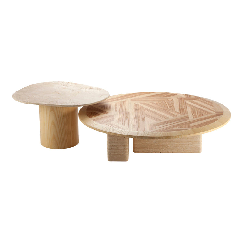 Two wooden serving platters in light natural wood, featuring a geometric patterned design and smooth finish.