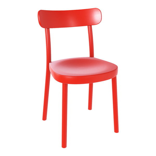 Red wooden chair with a smooth finish and simple design, featuring a solid backrest and circular seat.