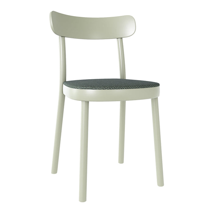 Light green chair with a gray patterned seat, featuring a sleek and modern design. Perfect for contemporary settings.