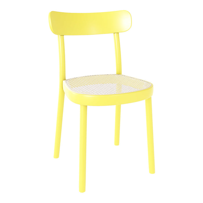 Bright yellow chair with a sleek, modern design and a textured, woven seat pattern. Perfect for vibrant decor.