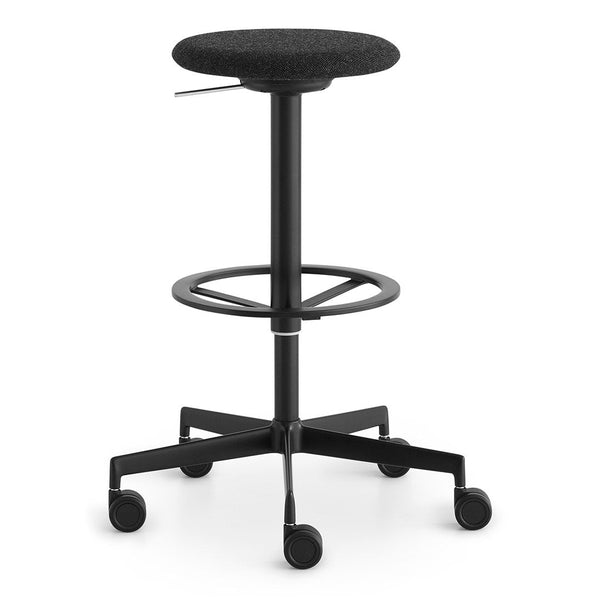 Black adjustable stool with a textured round seat and sturdy five-wheel base for versatile seating options.