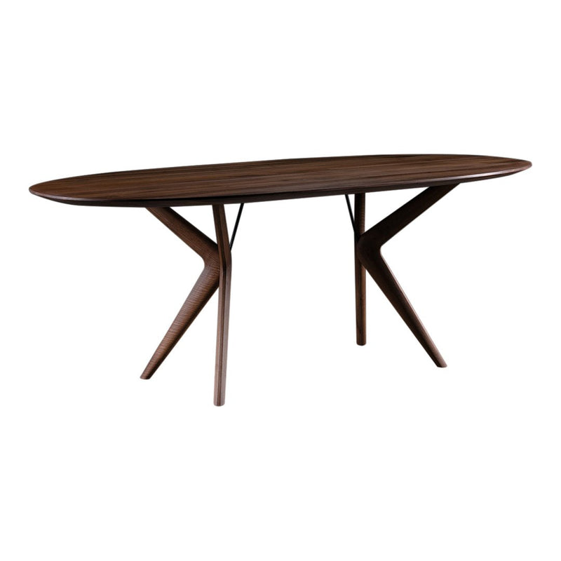 Dark brown oval dining table with a sleek wood grain finish and stylish geometric legs.