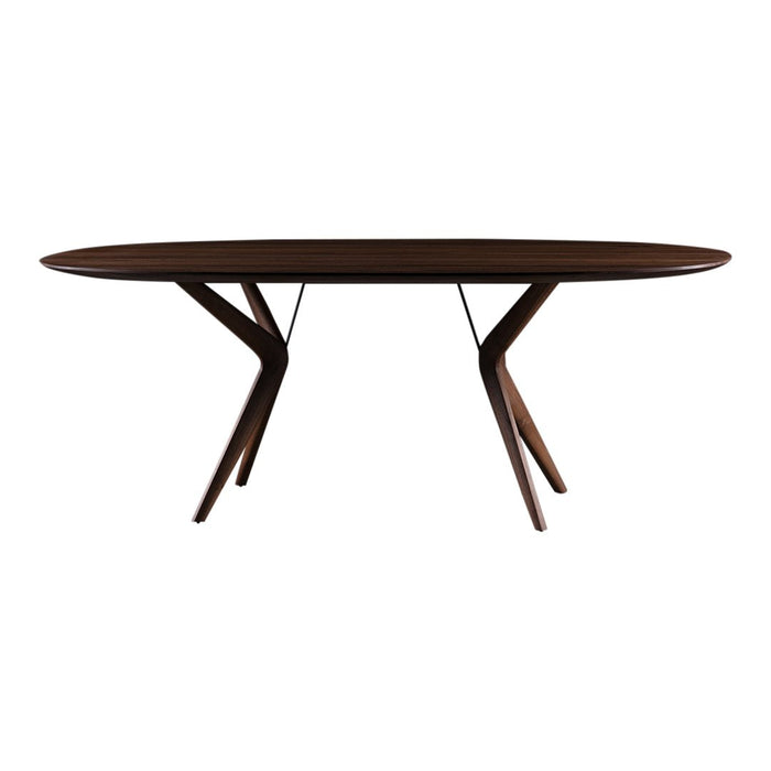 Walnut oval dining table with a smooth dark finish and sleek, angled legs for a modern aesthetic.