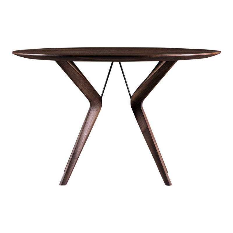 Round wood table in rich brown finish with sleek, modern angled legs. Ideal for contemporary dining spaces.