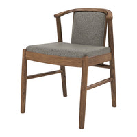 Gray upholstered seat with a subtle pattern, complemented by a warm wood frame and legs. Ideal for modern decor.