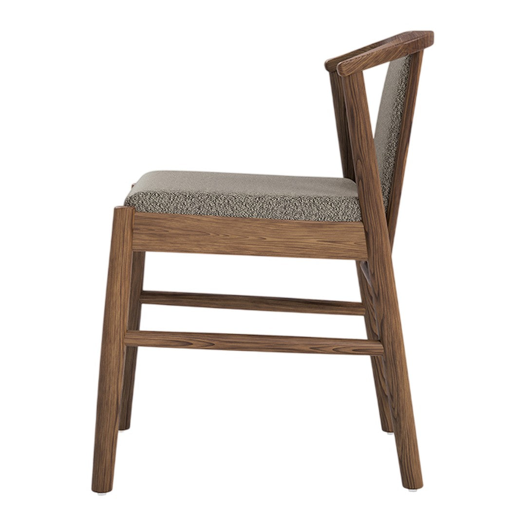 Wooden chair with a natural finish and gray patterned upholstery. Modern design with a sleek, minimalist aesthetic.