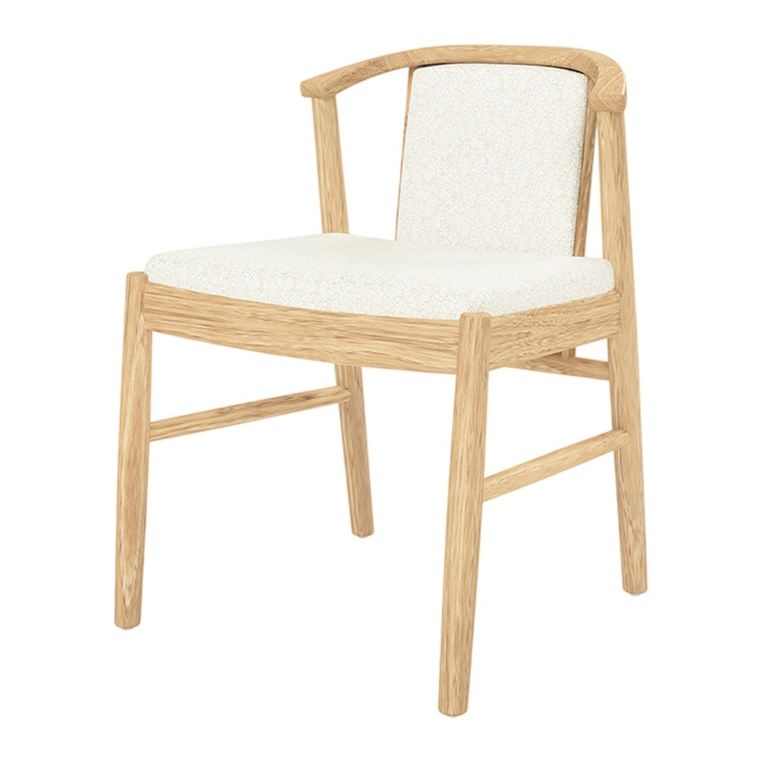 Light oak wooden chair with a cream textured seat, featuring clean lines and a minimalist design.