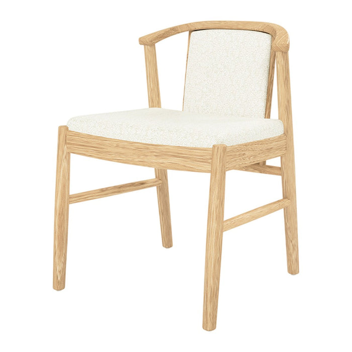 Light oak wooden chair with a cream textured seat, featuring clean lines and a minimalist design.