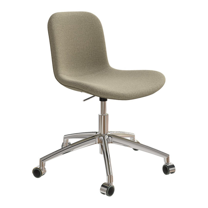 Gray upholstered office chair with a smooth, modern design and a chrome base. Suitable for contemporary workspaces.